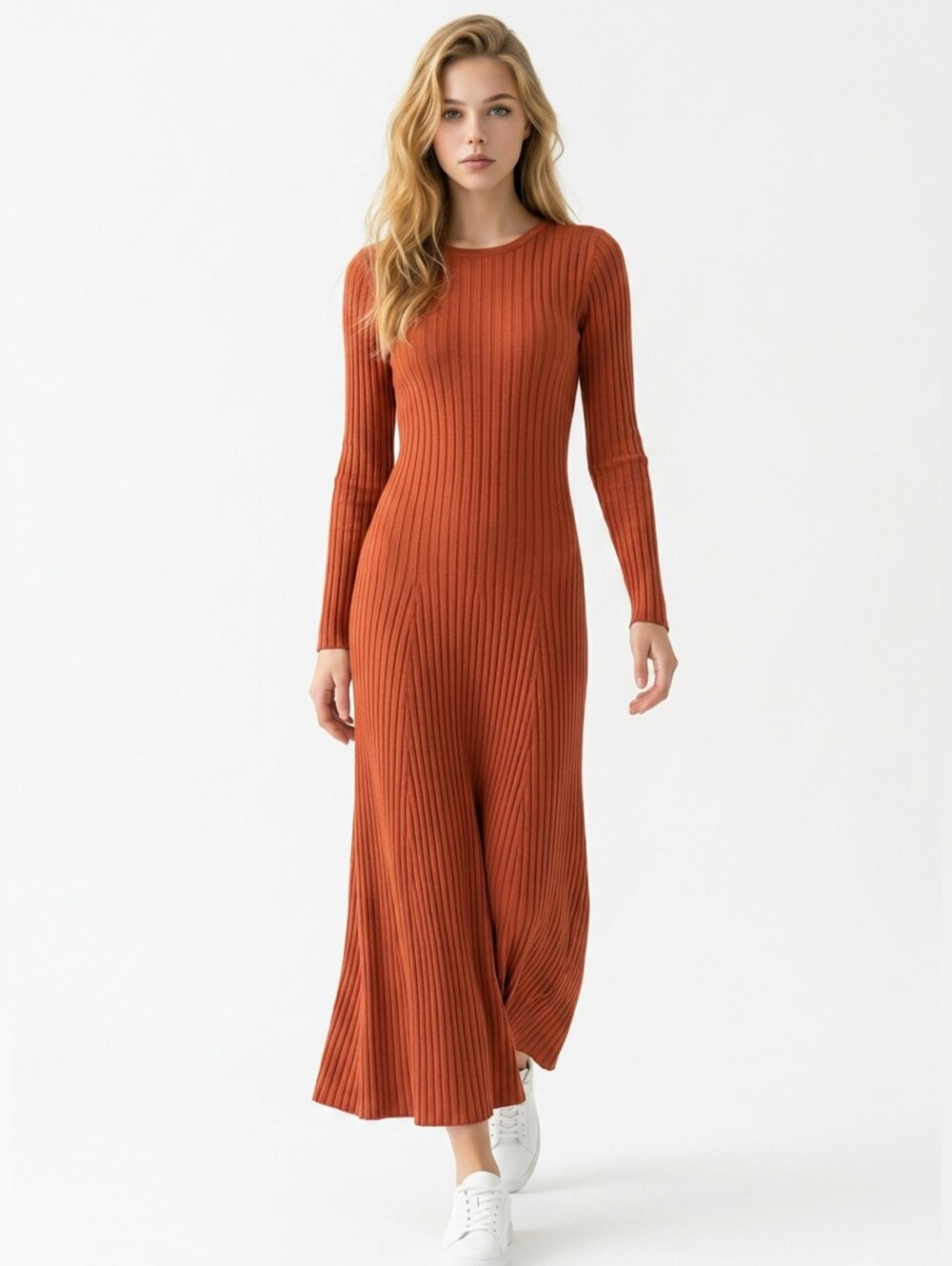 Kit And Ace Ribbed Long Sleeve Wool Maxi Dress in Rust